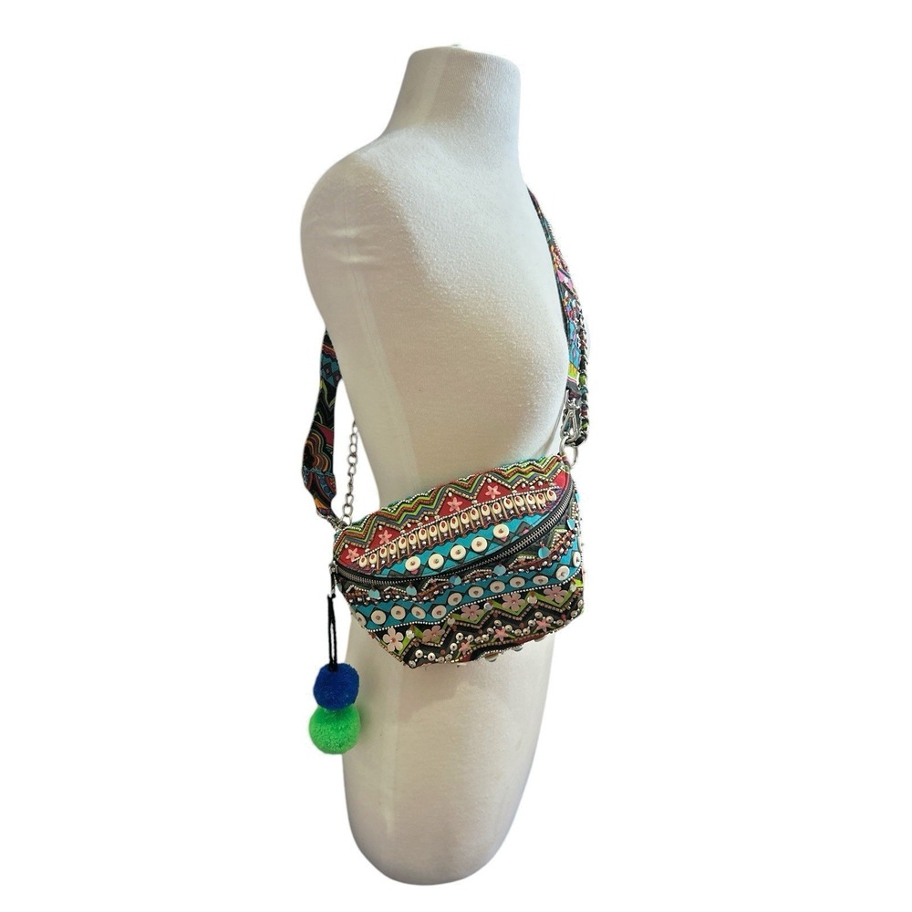 Steve Madden Cancun Belt Bag Colorful Beads Crossbody Fanny Pack Textile W/Puffs - Picture 3 of 16